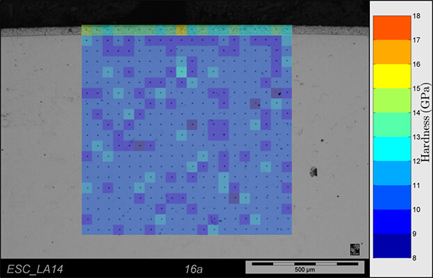 Nano-indentation map of a steel roll with a CerMet coating
